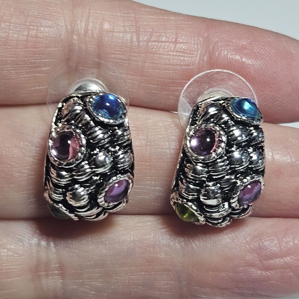 Vintage Da Vinci Silver Tone Chunky Blue Pink  Purple Earrings